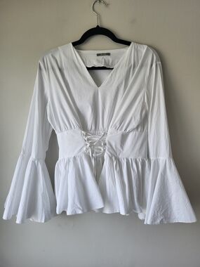 Dixie White Lace-Up Peplum V-Neck Fairy Festival Fairy Goth Bustier Blouse